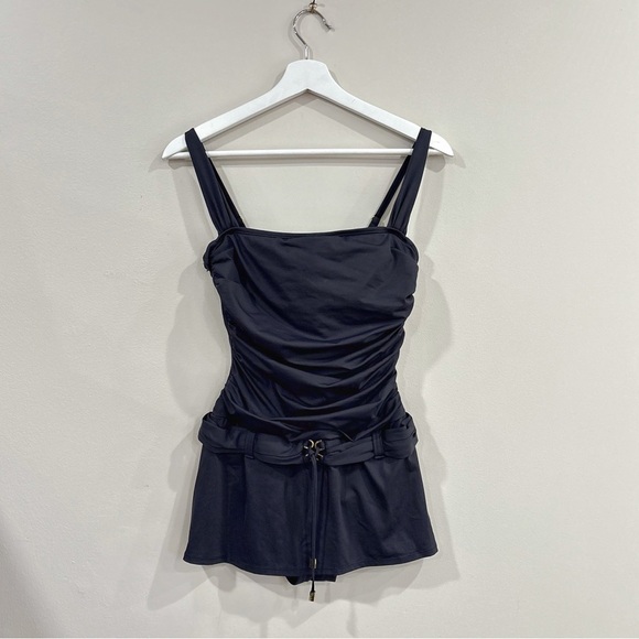 Bleu Rod Beattie Black Swimdress One Piece Swimsuit Size 8 Ruched Belted - Picture 1 of 9